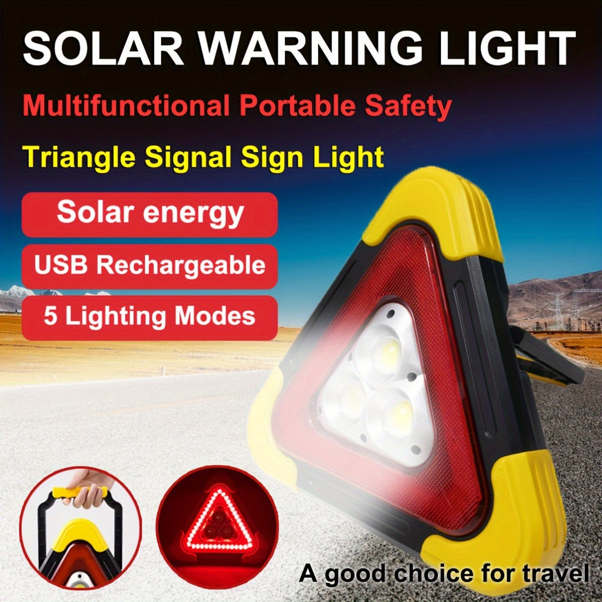Triángulo de Emergencia Solar – 5 Modos, Recargable USB
