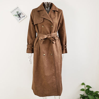 Manteau Long Vintage en Suédine avec Ceinture