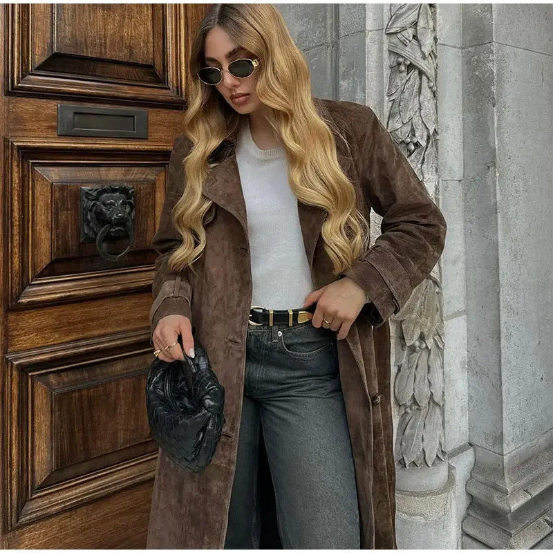 Manteau Long Vintage en Suédine avec Ceinture