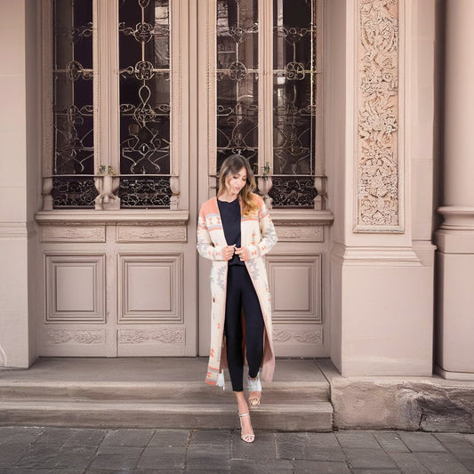 Cardigan Long Ouvert à Manches Longues et Motifs Géométriques Sew In Love
